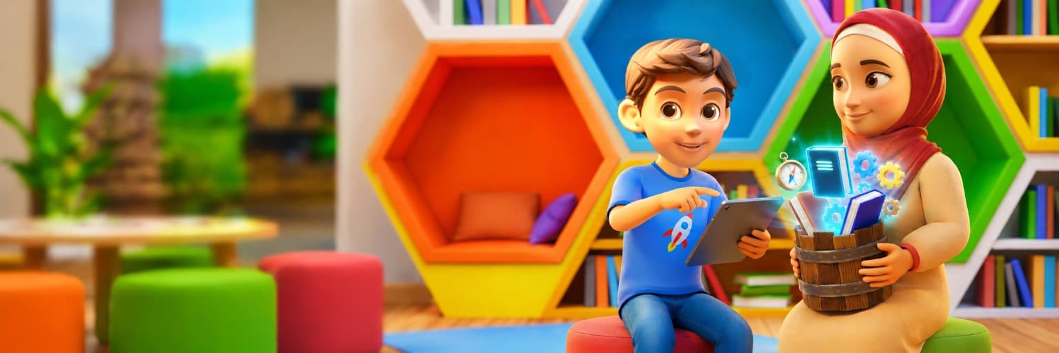 Maryam and Zayn in a colourful classroom